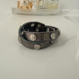 Tory Burch Gunmetal Metallic Logo Studded Leather Wrap Bracelet